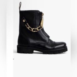 Zadig & Voltaire Joe Cecilia leather combat moto boots with gold chain New